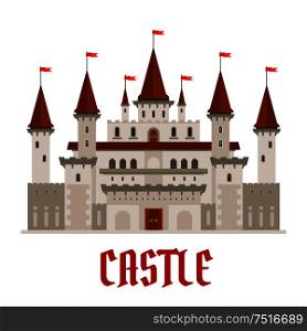 Romantic medieval castle building with gray stone facade in gothic style and variety of turrets topped with red flags. Architecture, history theme or fairytale themes. Medieval castle building with red flags