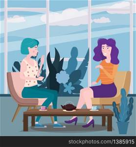 Romantic meeting of two girlfriends in a cafe. Sit drinking tea in chairs, have fun and relaxation. Romantic meeting of two girlfriends in a cafe. Sit drinking tea in chairs, have fun and relaxation from the meeting and conversation. Friendship and communication, interior flora cafe background concept. Vector illustration isolated flat style cartoon