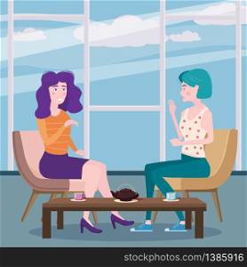 Romantic meeting of two girlfriends in a cafe. Sit drinking tea in chairs, have fun and relaxation. Romantic meeting of two girlfriends in a cafe. Sit drinking tea in chairs, have fun and relaxation from the meeting and conversation. Friendship and communication, interior cafe background concept. Vector illustration isolated flat style cartoon