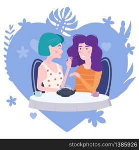 Romantic meeting of two girlfriends in a cafe. Sit drinking tea in chairs, have fun and relaxation. Romantic meeting of two girlfriends in a cafe. Sit drinking tea in chairs, have fun and relaxation from the meeting and conversation. Friendship and communication, love heart flora background concept. Vector illustration isolated flat style cartoon