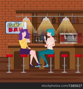 Romantic meeting of two girlfriends in a cocktail bar. Sit in chairs, enjoy and relax from the meeting and conversation. Romantic meeting of two girlfriends in a cocktail bar. Sit in chairs, enjoy and relax from the meeting and conversation. Bar interior, drinks. Friendship and communication. Vector illustration isolated flat style cartoon