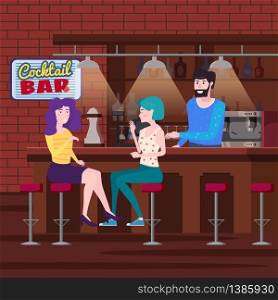 Romantic meeting of two girlfriends in a cocktail bar. Sit in chairs, enjoy and relax from the meeting and conversation. Romantic meeting of two girlfriends in a cocktail bar. Sit in chairs, enjoy and relax from the meeting and conversation. Bar interior, bearded bartender drinks. Friendship and communication. Vector illustration isolated flat style cartoon