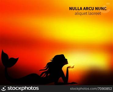 Romantic mermaid silhouette on sunrise. Magic shine background. Vector illustration. Romantic mermaid silhouette on sunrise