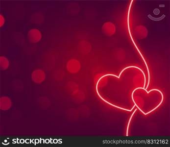 romantic neon hearts glowing on bokeh background