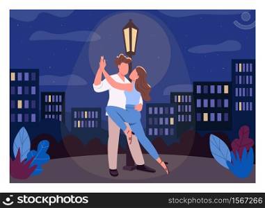 Romantic night flat color vector illustration. Man and woman dance passionately. Boyfriend and girlfriend. Midnight city park. Couple 2D cartoon characters with nighttime cityscape on background. Romantic night flat color vector illustration