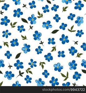 Romantic or minimalist flowers in bloom, blue wildflowers in blossom seamless pattern. Wallpaper or background, feminine print for greeting card. Bouquet with lush foliage. Vector in flat style. Blue flowers in blossom, seamless pattern vector