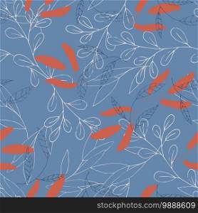 Romantic orange leave hand drawn seamless pattern, doodle texture. Autumn garden, foliage falls endless concept. Sketched white plants or herbs collection on blue background.