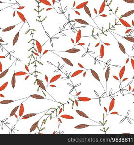 Romantic orange leave hand drawn seamless pattern, doodle texture. Autumn garden, foliage falls endless concept. Sketched green and brown plants or herbs collection on white background.