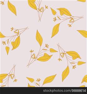 Romantic pastel orange leave hand drawn seamless pattern, doodle texture. Autumn garden, foliage falls endless concept. Sketched golden and yellow plants or herbs collection on light background.. Sketched golden and yellow plants or herbs collection on light background. Romantic pastel orange leave hand drawn seamless pattern, doodle texture. Autumn garden, foliage falls endless concept.