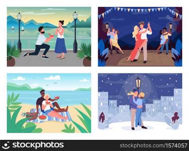 Romantic pastime flat color vector illustration set. Engaged pair. Man and woman on blanket on beach. Dancer perform. Couple on vacation 2D cartoon characters with landscape on background collection. Romantic pastime flat color vector illustration set