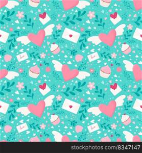 Romantic pattern with winged hearts, flowers, letters and sweets. Seamless vector background for Valentine s Day.. Romantic pattern with winged hearts, flowers, letters and sweets.