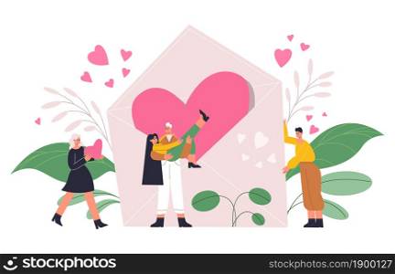 Romantic people, couple in love with giant heart, valentines day concept. Happy romantic characters red heart and love letter vector illustration. Valentines day concept love girlfriend and boyfriend. Romantic people, couple in love with giant heart, valentines day concept. Happy romantic characters with red heart and love letter vector illustration. Valentines day concept