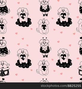 Romantic pet seamless pattern. Cute enamored dogs with hearts on light pink background. Vector illustration in doodle style. Endless background for valentines, wallpapers, packaging, print