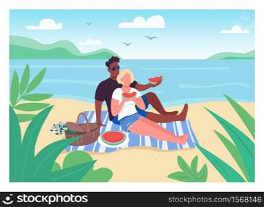 Romantic picnic on beach flat color vector illustration. Couple on summer vacation. Man and woman sit on blanket and eat watermelon. Lovers 2D cartoon characters with seascape on background. Romantic picnic on beach flat color vector illustration