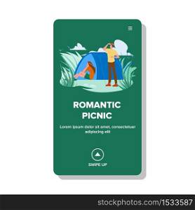 Romantic Picnic On Nature With Camping Tent Vector. Young Couple Lovers Man And Woman Relaxation And Have Romantic Picnic. Characters Relationship And Travel Web Flat Cartoon Illustration. Romantic Picnic On Nature With Camping Tent Vector