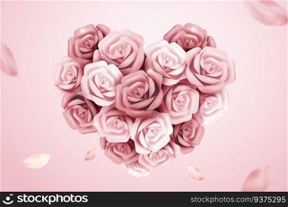 Romantic pink paper roses in heart shaped, 3d illustration. Romantic pink paper roses