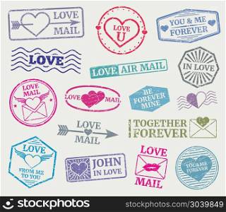 Romantic postage stamp vector set for valentines day card, love letters. Romantic postage stamp for valentines day card, love letters. Set of rubber seal for love mail. Vector illustration