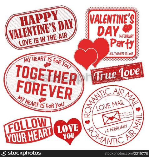 Romantic postal stamps. A set of Valentine&rsquo;s Day grunge stamps on white background, vector illustration
