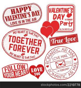 Romantic postal stamps. A set of Valentine&rsquo;s Day grunge stamps on white background, vector illustration