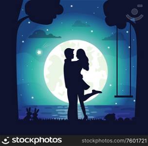 Romantic postcard decorated by shadow view of standing man and woman together, embracing people. Night and light of moon and stars, trees and rabbit vector. Man and Woman Standing Together at Night Vector