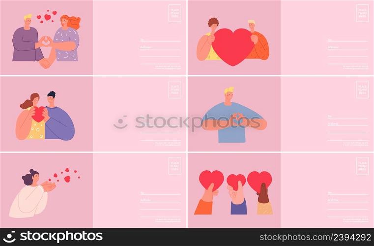 Romantic postcards templates. Donation or friendship, couple in love, Valentines day. People share hearts. Support and helping, letters cards with person vector set. Illustration of romantic postcard. Romantic postcards templates. Donation or friendship, couple in love, Valentines day concept. People share hearts. Support and helping, letters cards with happy person vector set