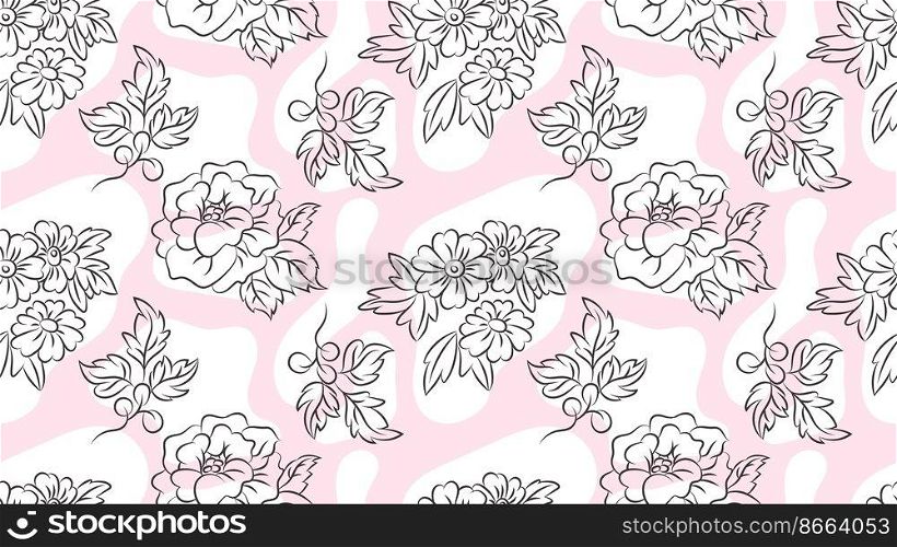 Romantic print roses chamomile and leaves. Outline flowers, spring summer garden vector seamless pattern. Decorative texture with abstract shapes. Illustration of summer chamomile and cute flowers. Romantic print roses chamomile and leaves. Outline flowers, spring summer garden vector seamless pattern. Decorative texture with abstract shapes