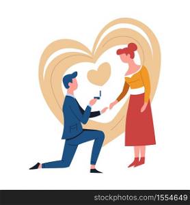 Romantic proposal or engagement couple man and woman vector guy with ring on one knee and girl holding hand love and relationship marriage and family Valentines day hearts bride and groom family.. Engagement or romantic proposal couple man and woman ring