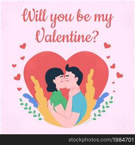 Romantic proposal social media post mockup. Will you be my Valentine phrase. Web banner design template. Love booster, content layout with inscription. Poster, print ads and flat illustration. Romantic proposal social media post mockup