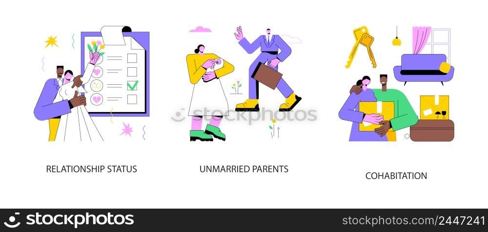 Romantic relationship abstract concept vector illustration set. Relationship status, unmarried parents, cohabitation and living together, engaged and got married, moving together abstract metaphor.. Romantic relationship abstract concept vector illustrations.