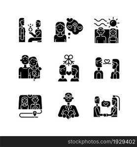 Romantic relationship black glyph icons set on white space. Young family life tips. Development of healthy relations. Couples in love. Silhouette symbols. Vector isolated illustration. Romantic relationship black glyph icons set on white space