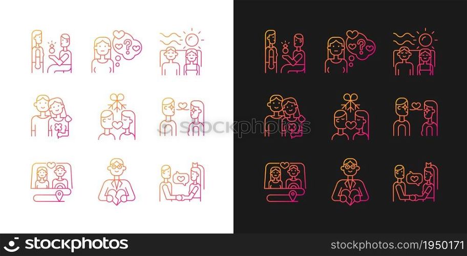 Romantic relationship gradient icons set for dark and light mode. Development of healthy relation. Thin line contour symbols bundle. Isolated vector outline illustrations collection on black and white. Romantic relationship gradient icons set for dark and light mode