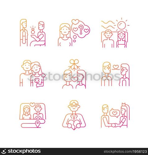 Romantic relationship gradient linear vector icons set. Family life tips. Development of healthy relations. Couples in love. Thin line contour symbols bundle. Isolated outline illustrations collection. Romantic relationship gradient linear vector icons set