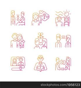 Romantic relationship gradient linear vector icons set. Family life tips. Development of healthy relations. Couples in love. Thin line contour symbols bundle. Isolated outline illustrations collection. Romantic relationship gradient linear vector icons set