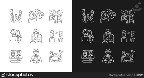 Romantic relationship linear icons set for dark and light mode. Development of healthy relations. Customizable thin line symbols. Isolated vector outline illustrations. Editable stroke. Romantic relationship linear icons set for dark and light mode