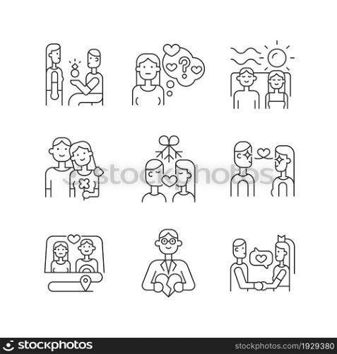 Romantic relationship linear icons set. Young family life tips. Relation development. Couples in love. Customizable thin line contour symbols. Isolated vector outline illustrations. Editable stroke. Romantic relationship linear icons set