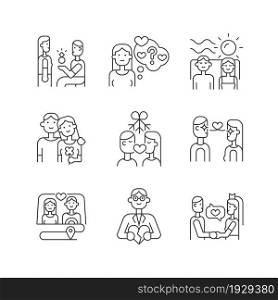Romantic relationship linear icons set. Young family life tips. Relation development. Couples in love. Customizable thin line contour symbols. Isolated vector outline illustrations. Editable stroke. Romantic relationship linear icons set