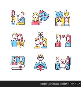Romantic relationship RGB color icons set. Young family life tips. Development of healthy relations. Couples in love. Isolated vector illustrations. Simple filled line drawings collection. Romantic relationship RGB color icons set