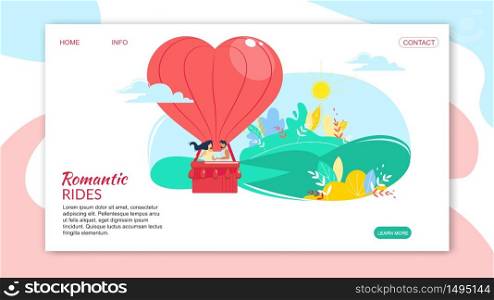 Romantic Rides, Loving Happy Couple in Heart Shaped Air Balloon Flying in Cloudy Sky. Love Story Poster, Honeymoon Trip, Valentine Day, Summer Time Cartoon Flat Vector Illustration, Horizontal Banner. Loving Happy Couple in Heart Shaped Air Balloon
