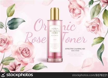 Romantic rose toner ads with beautiful watercolor roses background in 3d illustration. Romantic rose toner ads
