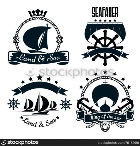 Romantic sailing ships blue symbols for marine sport or yacht club design, supplemented by helms, anchors, sails, ropes and ribbon banners with stars and crown . Marine sport, yacht club design with sailing ships