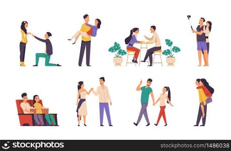 Romantic scenes. Cartoon characters in love, spending time together, watching movie in cinema, boy making proposition. Vector illustrations romantic scenes with happy couple boy and girl. Romantic scenes. Cartoon characters in love, spending time together, watching movie in cinema, boy making proposition. Vector romantic scenes