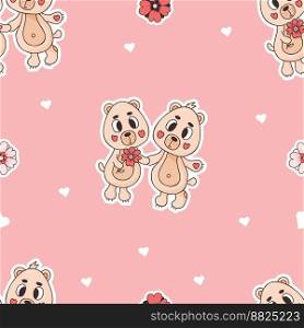 Romantic seamless pattern. Cute enamored bears on pink background with hearts. Vector illustration in doodle style. Endless background for valentines, wallpapers, packaging, print