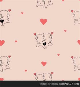 Romantic seamless pattern. Cute enamored dogs from back with hearts on light pink background. Vector illustration in doodle style. Endless background for valentines, wallpapers, packaging, print