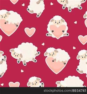 Romantic seamless pattern. Cute enamored sheeps on magenta background with hearts. Vector illustration. Endless background for valentines, wallpapers, packaging, print, childrens collection