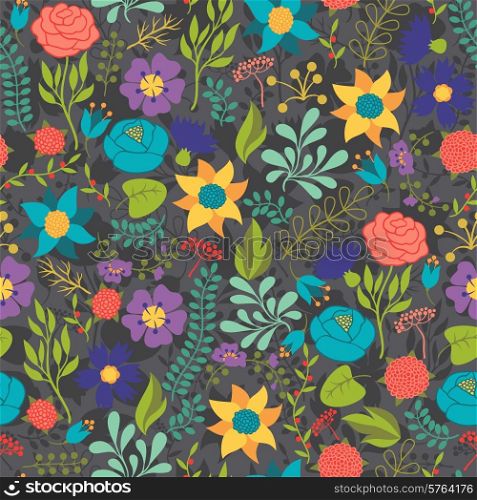 Romantic seamless pattern of various flowers in retro style.