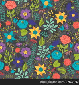 Romantic seamless pattern of various flowers in retro style.