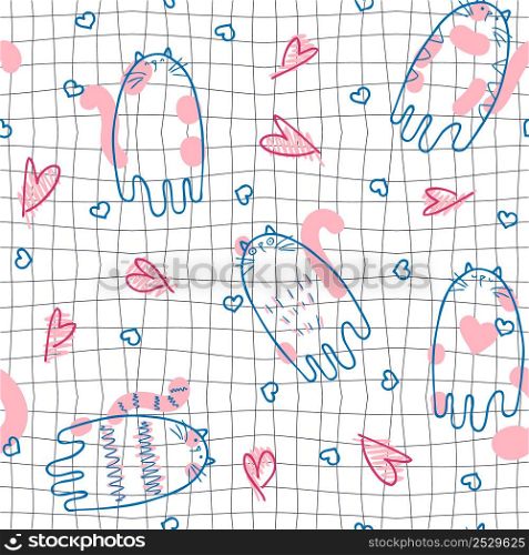 Romantic seamless pattern with cats and hearts on grid distorted background. Hippie aesthetic print for fabric, paper, T-shirt. Doodle vector illustration for decor and design.