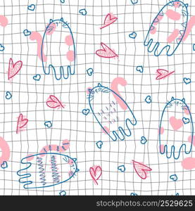 Romantic seamless pattern with cats and hearts on grid distorted background. Hippie aesthetic print for fabric, paper, T-shirt. Doodle vector illustration for decor and design.