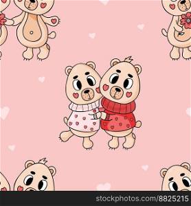 Romantic seamless pattern with cute enamored teddy bears on pink background. Vector illustration. Endless background for valentines, wallpapers, packaging, print