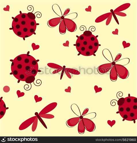 Romantic seamless pattern with dragonflies, ladybugs, hearts and flowers on a white background